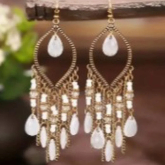 Bohemia White Beaded Waterdrop Dangle Earrings Handmade Beaded Tassel Hollow - Picture 5 of 6